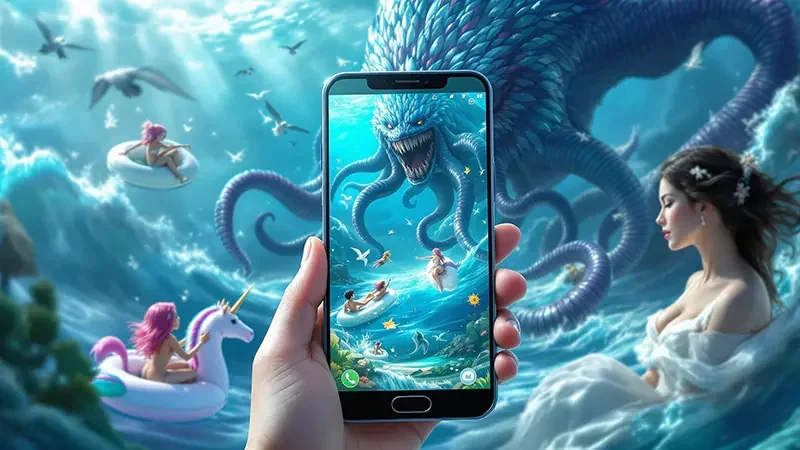 Layar permainan tembak ikan dengan meriam dan banyak sasaran bawah laut