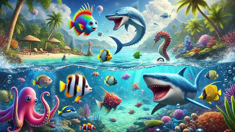 Tampilan visual permainan tembak ikan di lobi PAKDE4D